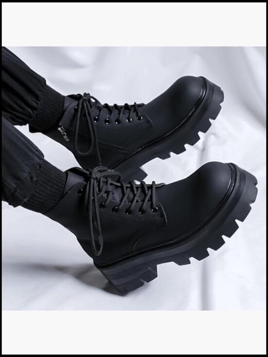 Black Leather Lace-up Platform Combat Boots Chunky Heel Lug Sole Side Zipper main image 7